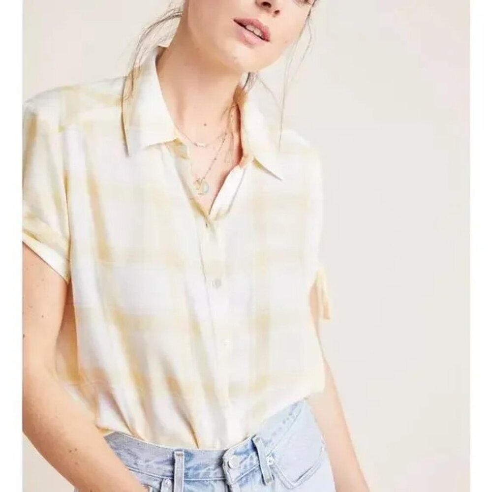 PAIGE Shirt Womens‎ XS Yellow Avery Surfboard Palms Plaid Short Sleeve Button